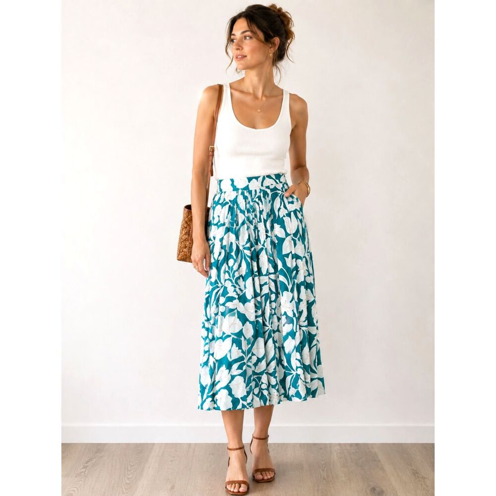 Vintage Personal by Leslie Fay Teal Floral Pleated Midi Skirt – Botanical Print